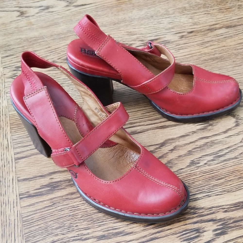 Born red leather Mary Jane slingback heels.
